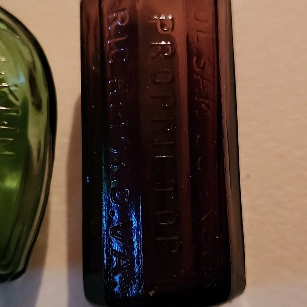 Set of Three Vintage Glass Bottles - Red, Green, and Purple - Picture 4 of 7